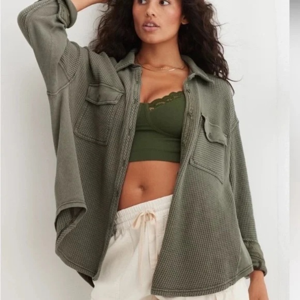 Aerie lumberjane Olive Green Waffle-Knit Button-Down Sweater